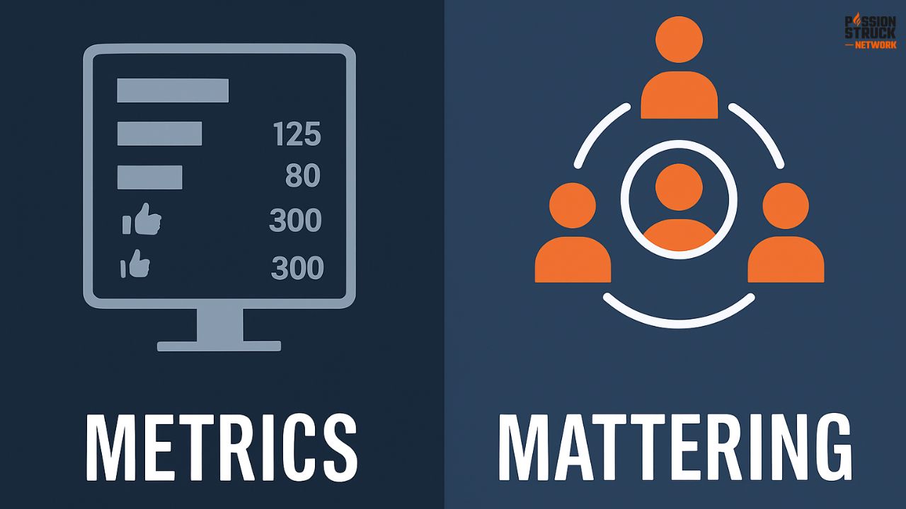 Split graphic comparing ‘Metrics’ (analytics dashboard with likes and bars) versus ‘Mattering’ (connected people network), illustrating mattering in the creator economy.