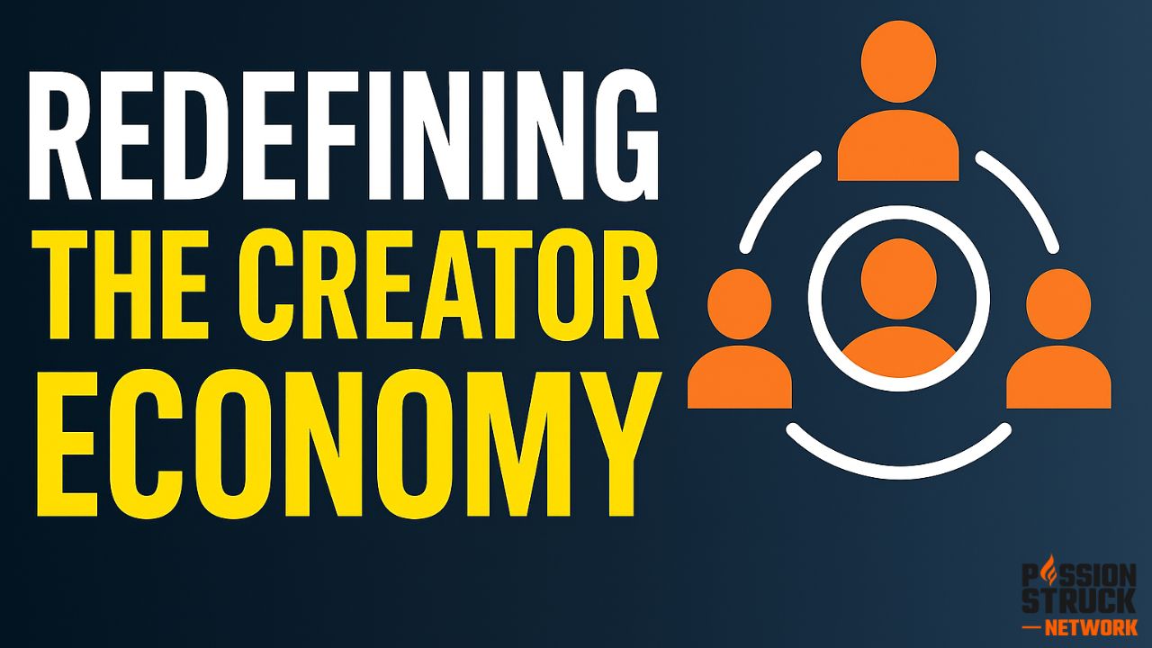 Thumbnail with the phrase ‘Redefining the Creator Economy’ in bold white and yellow text on a dark blue gradient background, alongside orange icons of connected people symbolizing community and collaboration.