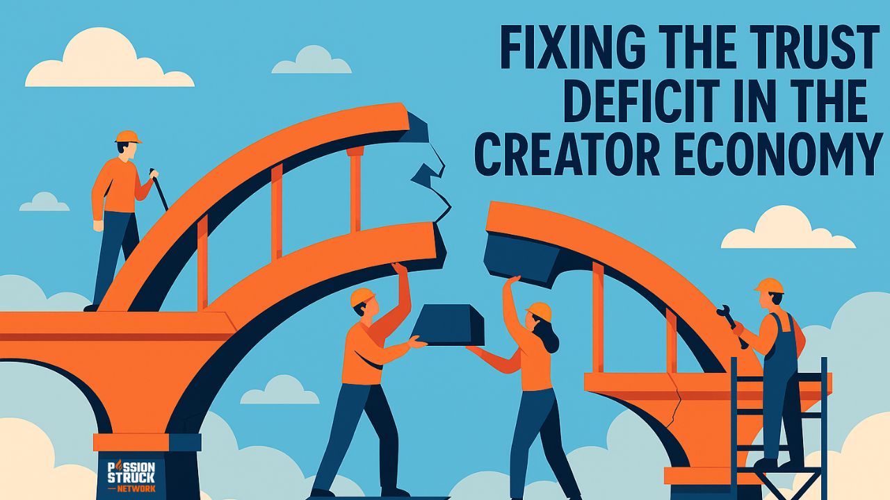 Illustration of a bridge being rebuilt, symbolizing fixing the trust deficit in the creator economy