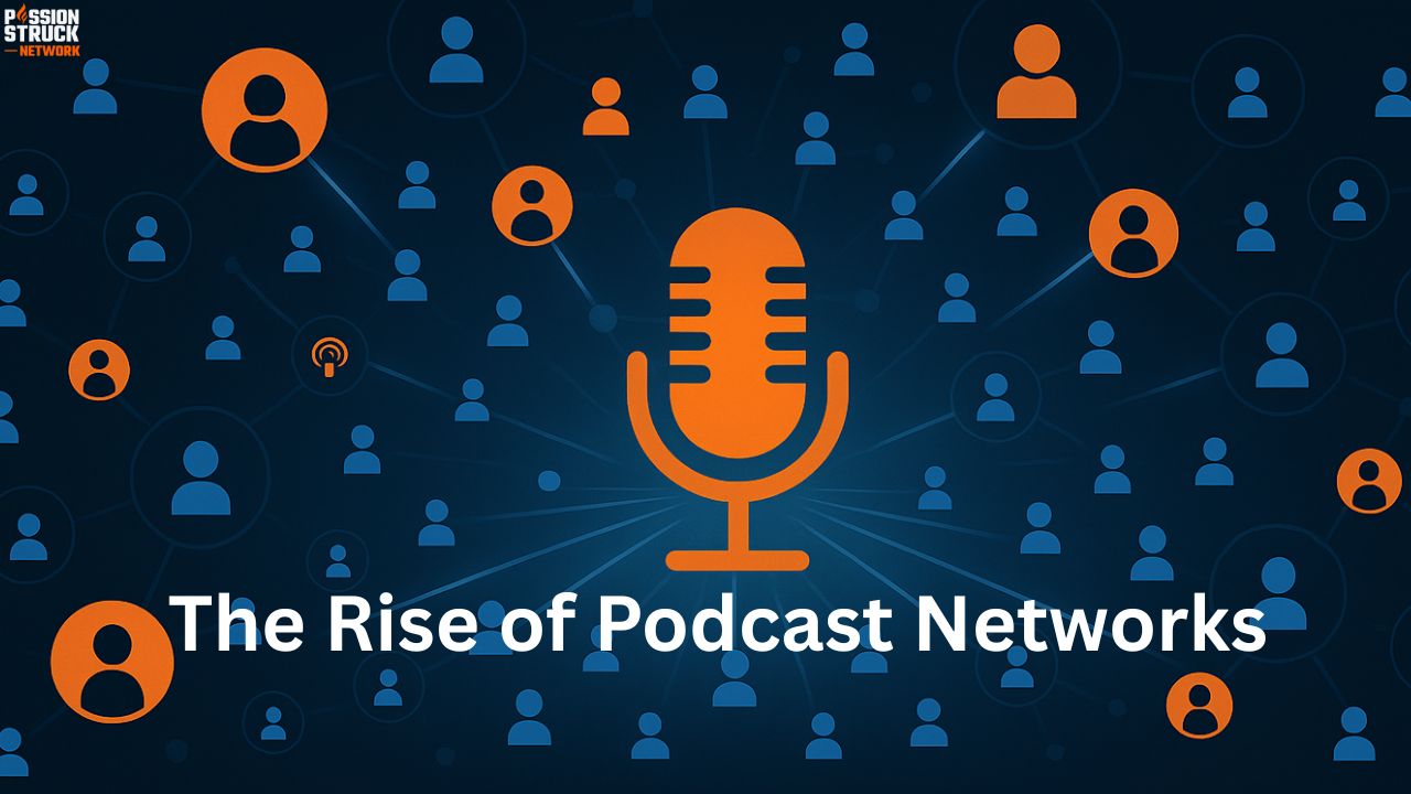 Illustration of a podcast network with connected creators and audiences, symbolizing how podcast networks shape the creator economy.