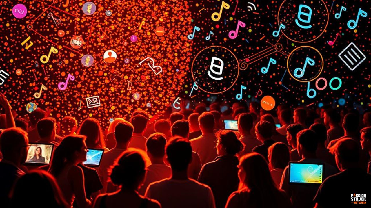 thumbnail-style illustration showing a crowd facing a wall of digital icons and music notes, symbolizing digital noise contrasted with meaningful communities, highlighting the role of creators as culture builders in the future of connection