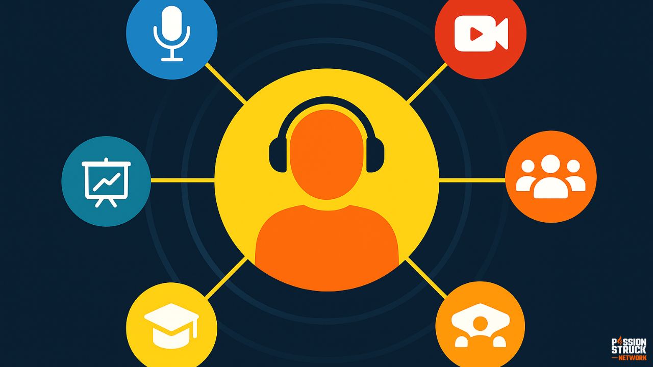 Illustration of a creator at the center of a podcast network expanding into video, events, and education, symbolizing a creator-first ecosystem
