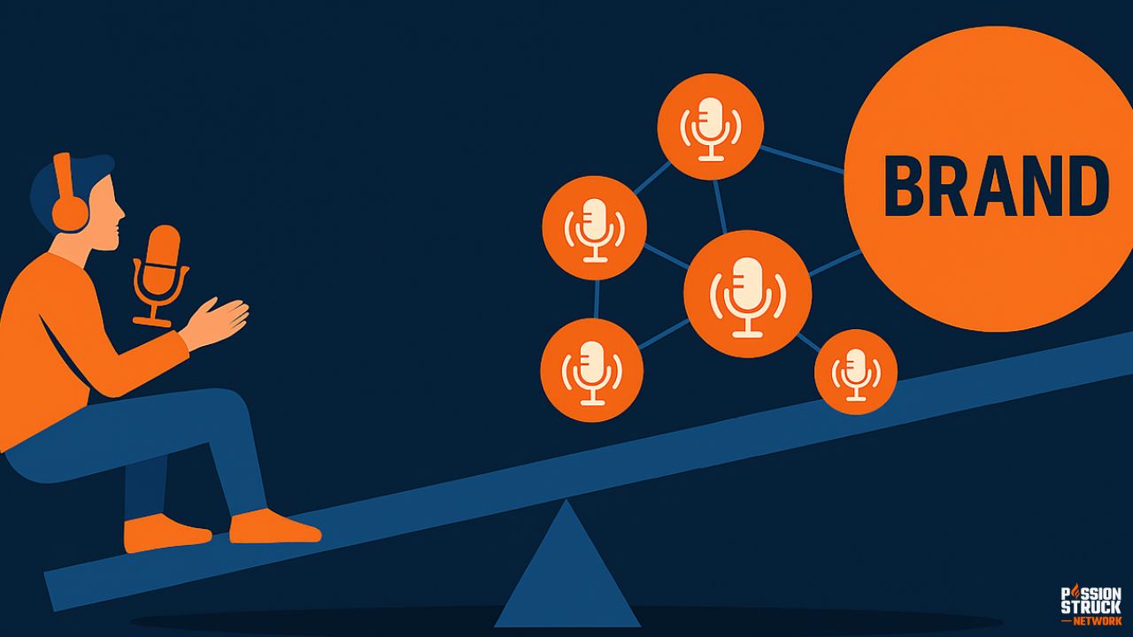 Illustration of podcast advertising networks giving creators leverage against large advertisers, symbolizing monetization power.